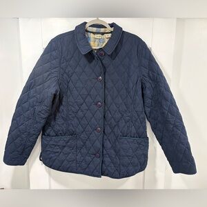 EUC Women’s L.L. Bean Navy Blue w/ Plaid Quilted Barn Utility Jacket Coat XLP
